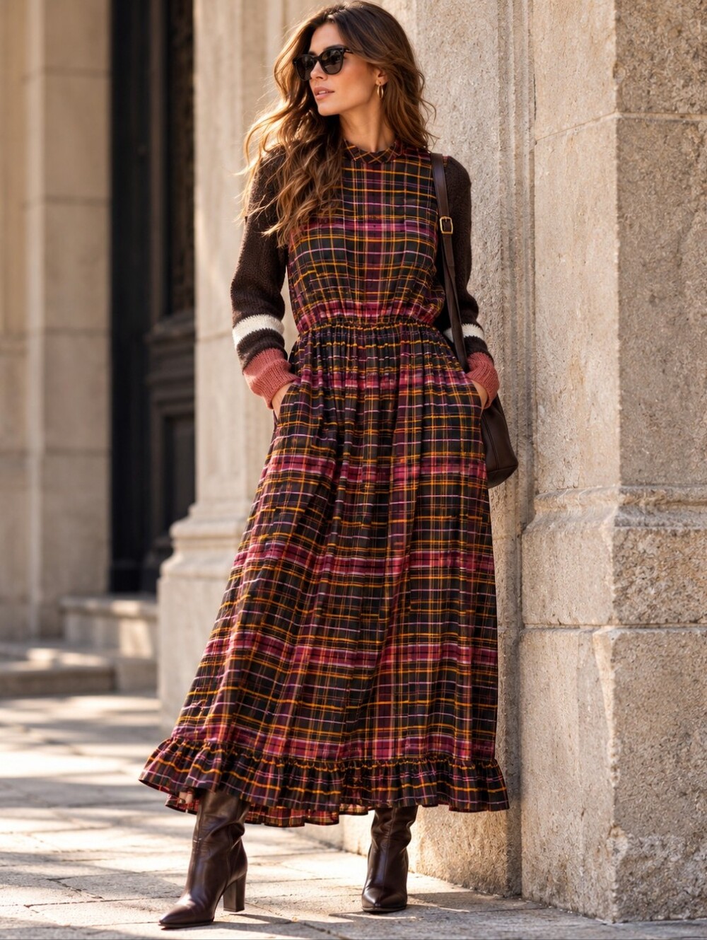 Tela Plaid Maxi Dress in Brown and Pink with Ruffle Hem